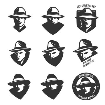 Set of detective agency emblems with abstract men heads in hats. Vintage vector illustration.