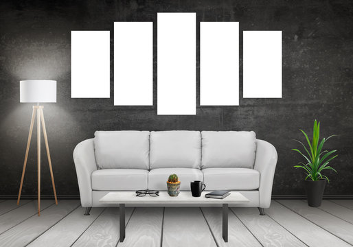 Five isolated art canvas on white wall. Sofa, lamp, plant, glasses, book, coffee on table in room interior. 