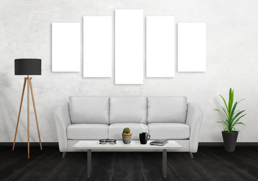 Five isolated art canvas on white wall. Sofa, lamp, plant, glasses, book, coffee on table in room interior. 