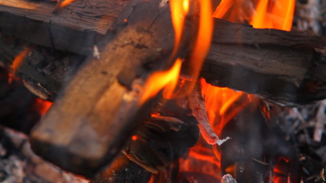 burning wooden beams, close-up