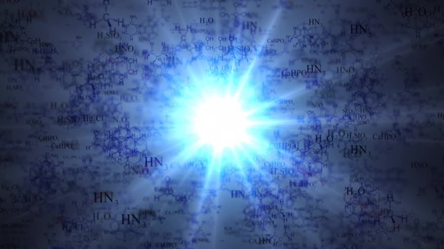 Chemical formulas on the background of stars. DNA molecule structure background. Chemical formula and molecular structure of DNA
