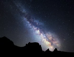 Foto auf Acrylglas Landscape with Milky Way. Night sky with stars at mountains © den-belitsky