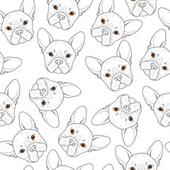 Seamless background with cute bulldog sketch. Realistic dog handmade. Coloring monochrome with bulldog. Print for printing on textile. Breed dogs. Seamless background with dog for printed materials