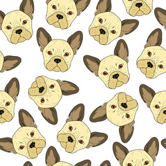 Seamless background with cute beige bulldog sketch. Realistic dog handmade. Print for printing on textile. Breed dogs. Seamless background with dog for design of printed materials