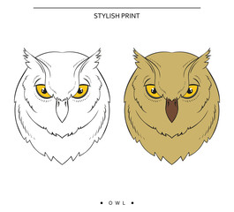 Isolated set of sketch of owls. Color and monochrome owl for design. Print for clothes. Stickers with the bird. Realistic owl . Bird in doodle style handmade. 