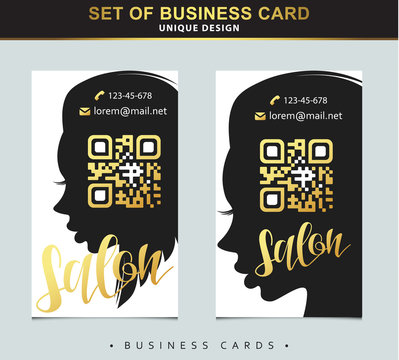 Design Template business card for beauty salon with gold and place below qr code. Silhouette girl with stylish haircut. Fashion business card qr code. Card for barbershop, store accessories, clothing. - Powered by Adobe