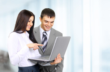business partners with laptop on white background