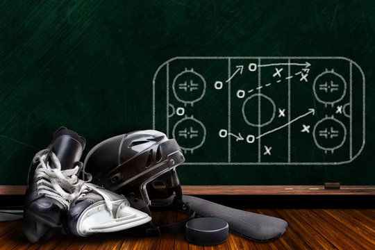 Ice Hockey Equipment and Chalk Board Play Strategy With Copy Space