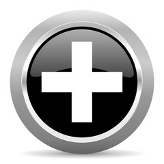 plus black metallic chrome web circle glossy icon