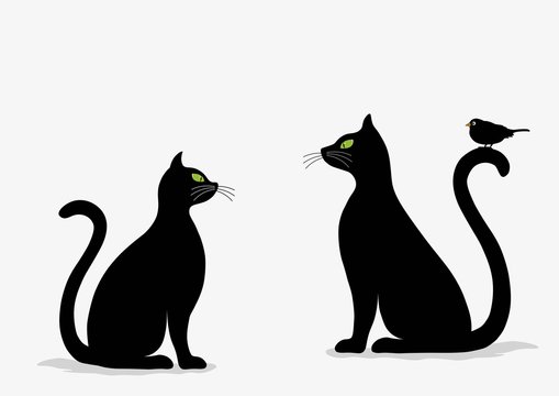 Stylized silhouette of black cats and bird