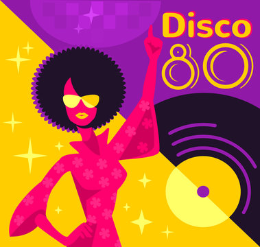 Retro 80s disco poster. Vector flat illustration