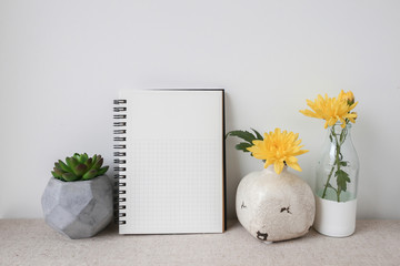 Notepad and plants pots, room interior mockup, copy space background