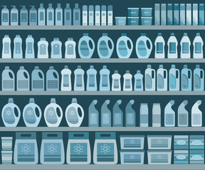 Household supplies aisle in the supermarket, shelves filled with cleaning products. Vector background.
