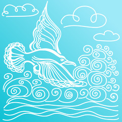 Fototapeta na wymiar Summer sea banner. Illustration of bird seagull, sky and waves.
