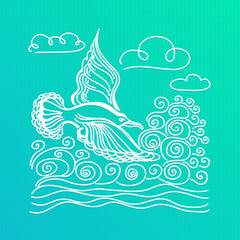 Summer sea banner. Illustration of bird seagull, sky and waves.