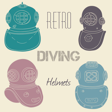 Vector retro diving helmets set
