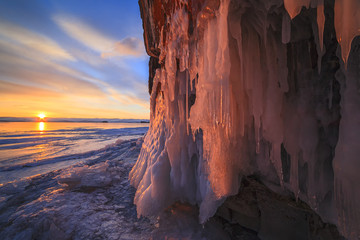 icicles illuminated by the rising sun