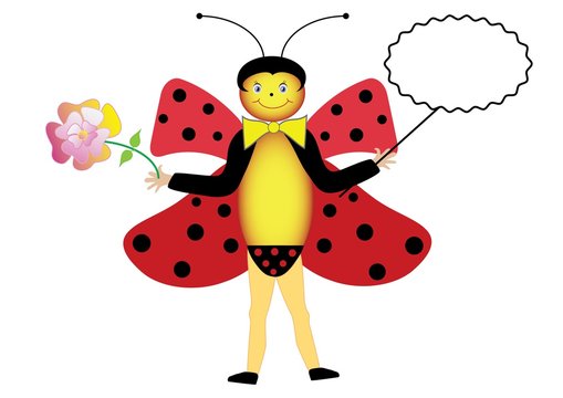 Symbolic summer ladybug. Vector cartoon beetle with flower and frame for your text.