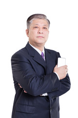 pose and gesture of old Asian businessman in suit with cellphone