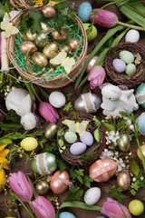 Assorted eggs and flowers for Easter