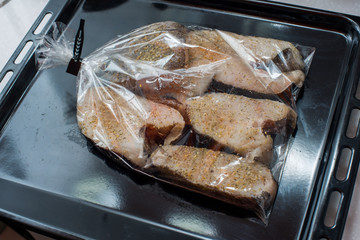 halibut steak in the package for baking