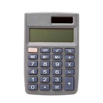 Pocket calculator on white background, top view