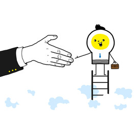 Fototapeta premium Cooperation / A business man climbs high and shacks hand with partner.