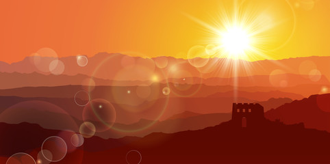 The Great Wall And Mountains under Sunset 