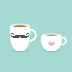 Coffee cup mug moustaches and lips. Blue background Flat modern simply design
