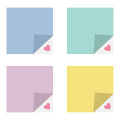Adhesive paper notes and tag set. Heart under corner. Template. Flat design style.