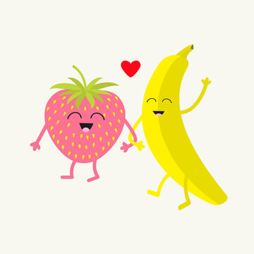 Banana and strawberry. Happy fruit set. Smiling face. Cartoon smiling character with eyes. Friends forever. Red heart. Isolated. Flat design.