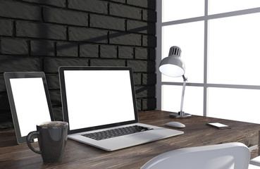 3D illustration laptop and work stuff on table near brick wall, Workspace