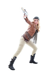 young blonde woman in a steampunk outfit, action hero pose. isolated on white background.