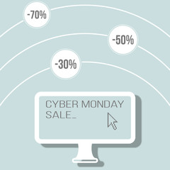 Cyber monday banner with flat laptop and pixelated mouse cursor. Vector illustration