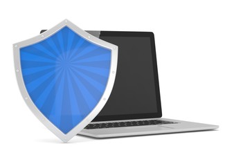 Laptop and shield on white, computer security concept