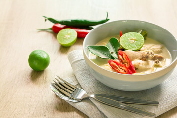 Spicy creamy coconut soup with chicken , Thai food 