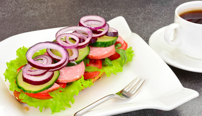 Healthy eating: Fresh sandwich with lettuce, tomato and onion.
