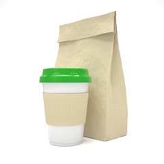 Coffee to go and lunch bag, on white.