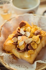 Toasted almonds and caramel sauce.