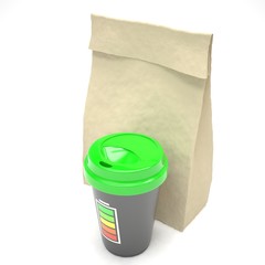 Coffee to go and lunch bag, on white.