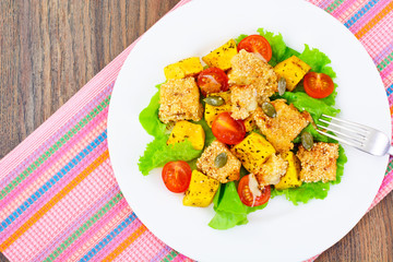 Pumpkin Salad, Suluguni Fried in Sesame, Pumpkin Seeds, Cherry T