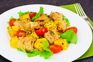 Pumpkin Salad, Suluguni Fried in Sesame, Pumpkin Seeds, Cherry T