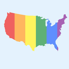 LGBT vector flag in contour of USA. Gay culture symbol, vertical rainbow