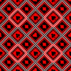 Seamless vector pattern with icons of playings cards. Bright red and black symmetrical geometric background. Decorative repeating ornament. Series of Geometric, Ornamental Seamless Pattern