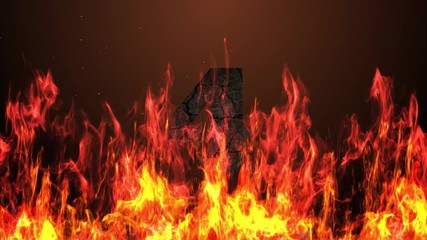 Countdown animation from 5 to 0 with cracking stone number and fire burning eruption effect background used for introduction title presentation in 4k ultra HD video in extreme thrilling fire concept