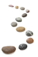 Fototapeta na wymiar A curving row of pebbles representing stepping stones, isolated on white with clipping path around pebbles.