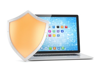 Laptop and shield on white, computer security concept