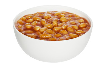Baked Beans in a white china bowl, front to back focus, clipping path.