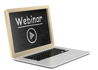  Laptop with chalkboard, video webinar, online education concept