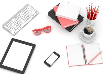 office stuff on table, workplace, top view